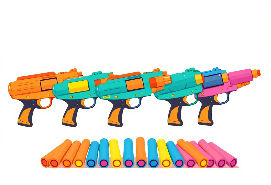 Five colorful foam toy blasters with foam darts fanned out in front