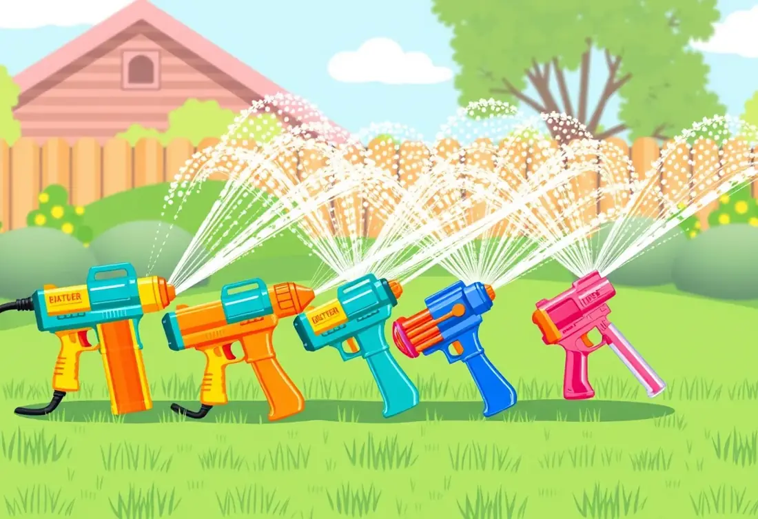 Colorful water blasters spraying arcs of water on a sunny lawn