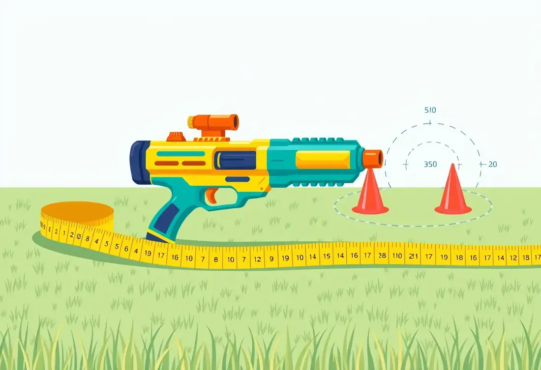 A toy blaster with measuring tape and range arcs on a lawn