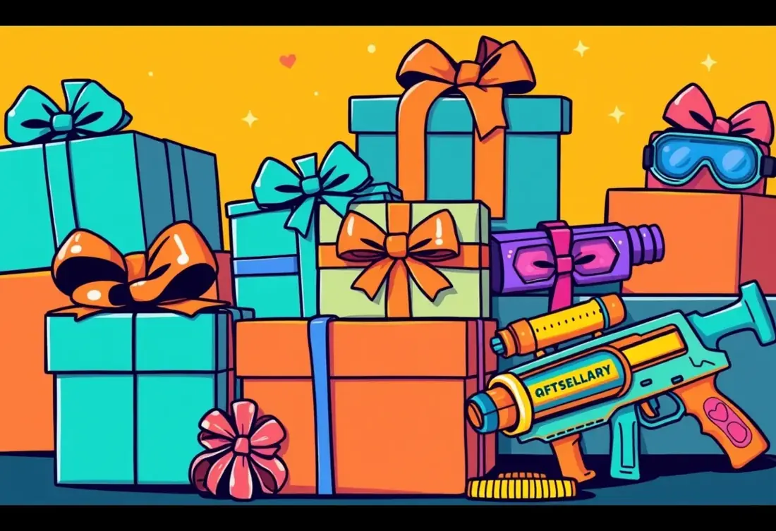 A wrapped gift with a bow beside a colorful foam toy blaster