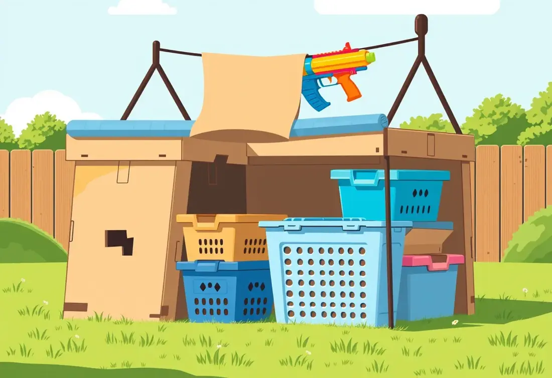 A backyard fort of cardboard boxes, laundry baskets and bins with a foam blaster on top