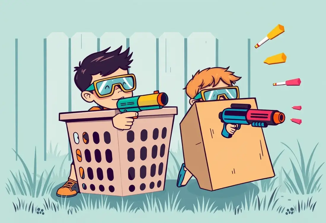 Two kids in goggles taking cover behind a laundry basket and a cardboard box in a foam blaster game