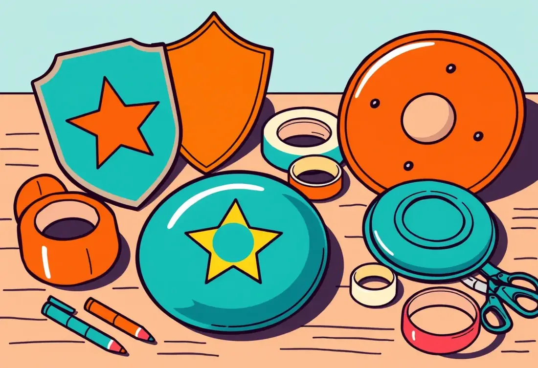 Homemade cardboard and lid shields on a craft table with markers and tape