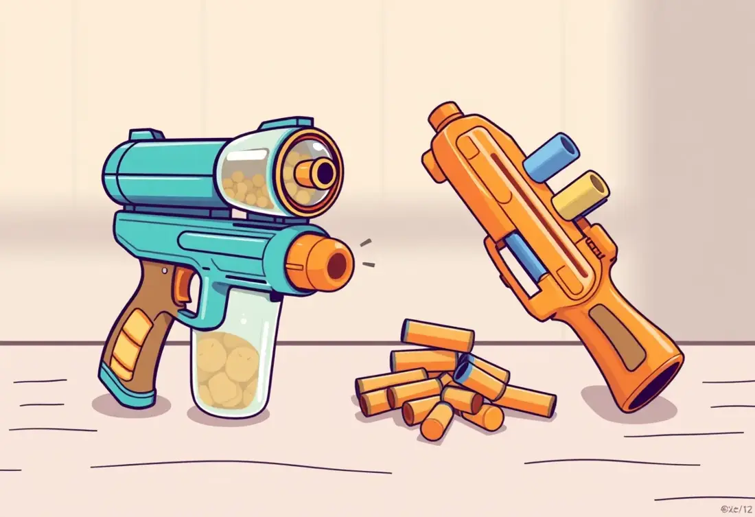 A gel blaster and a foam dart blaster side by side on a table