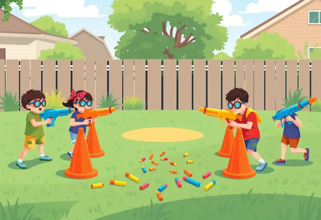 Kids in safety goggles playing a foam blaster game in a backyard with cone bases