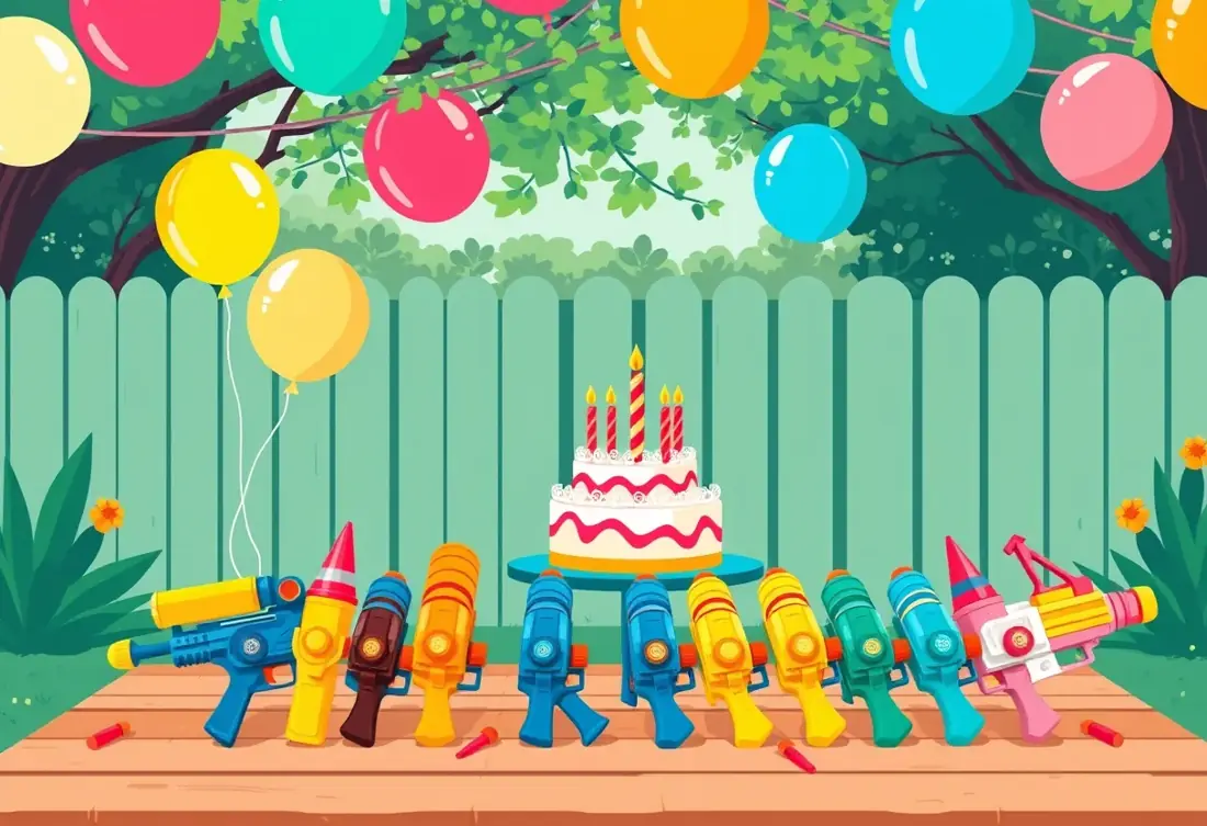 A backyard birthday party table with a cake and colorful foam toy blasters