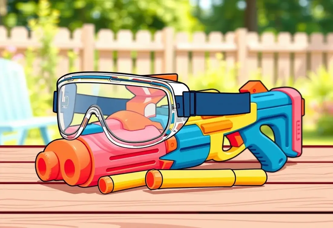Clear safety goggles resting on a colorful foam toy blaster