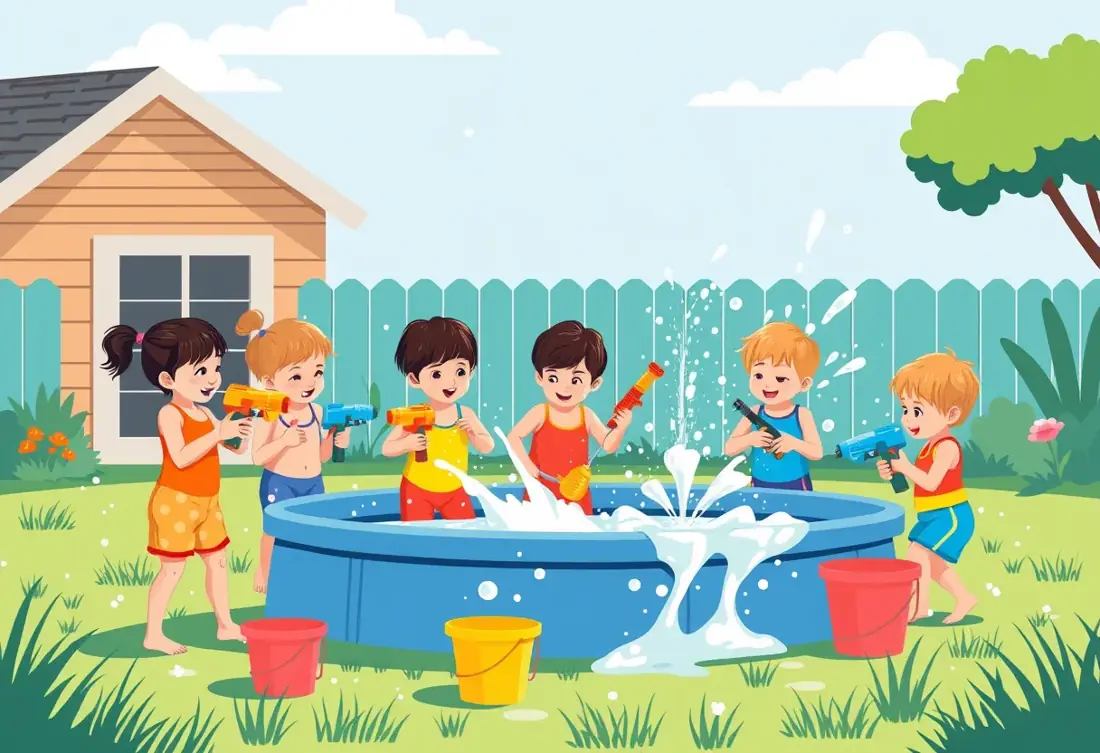 Kids playing a backyard water game with colorful soakers and buckets