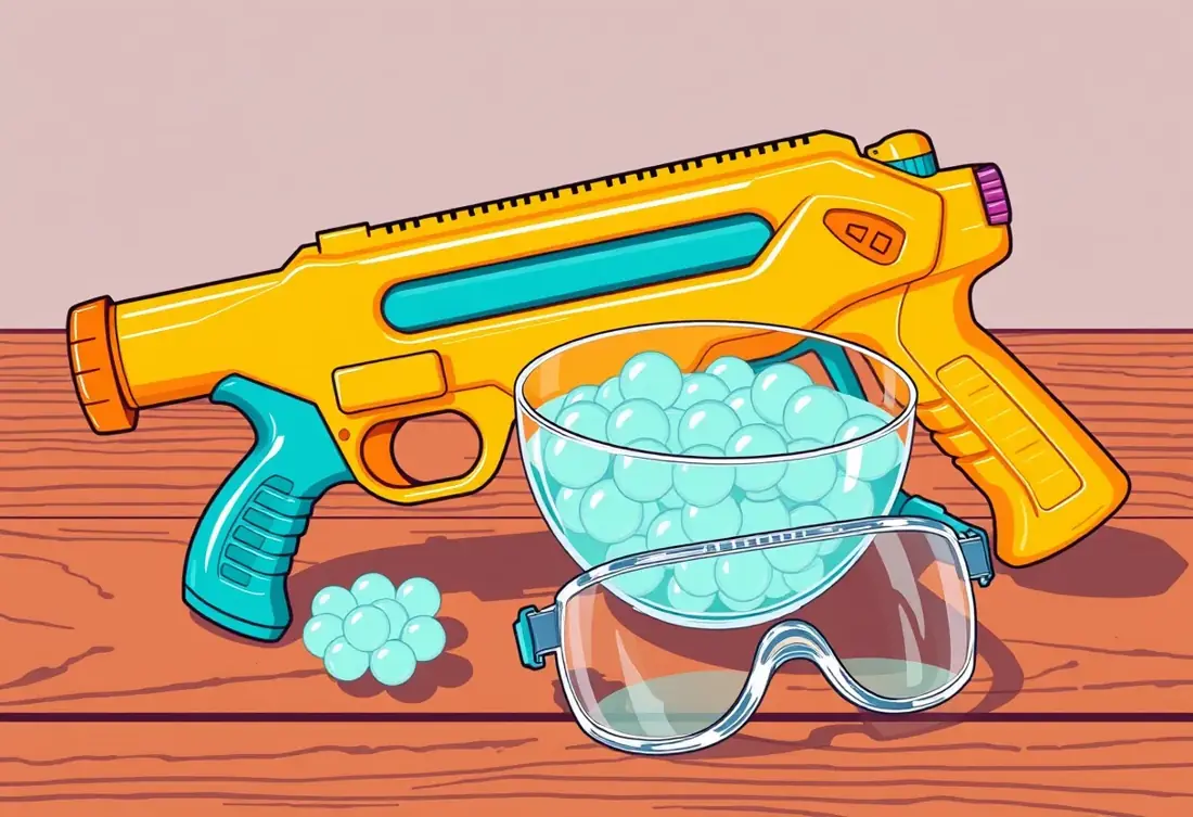 A bright toy gel blaster beside a bowl of soaked gel beads and safety goggles