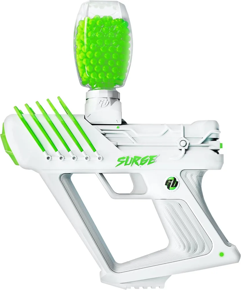 White Gel Blaster Surge with green accents and a full hopper of green gel beads