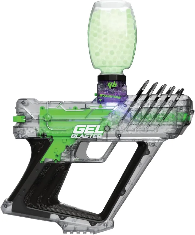 Gel Blaster Surge 2 with translucent body, green accents and glowing hopper