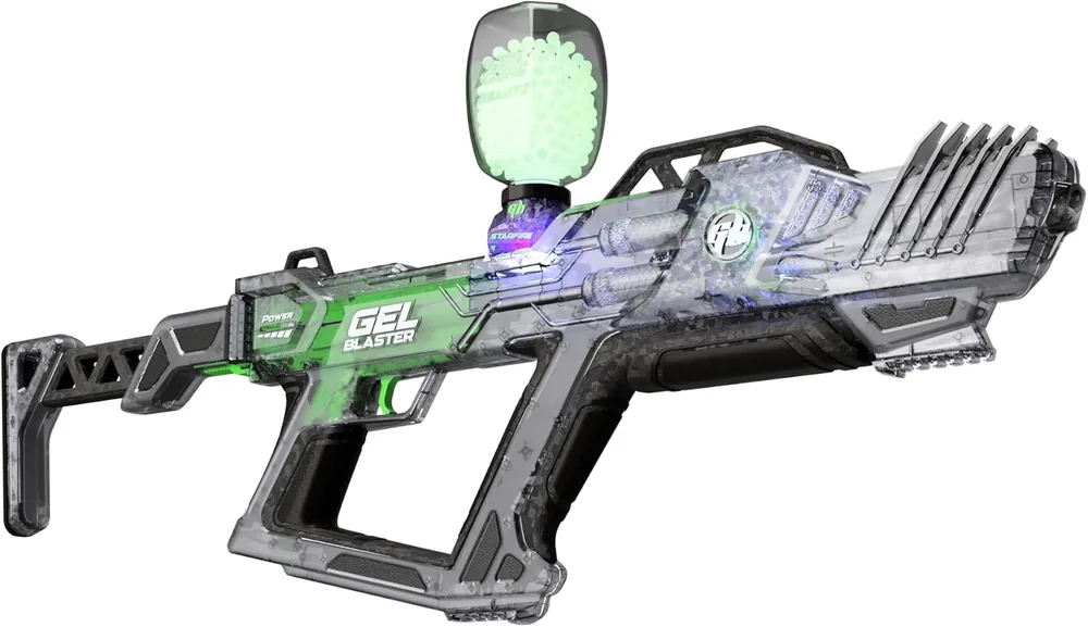 Gel Blaster Surge XL 2 side view with translucent body and glowing green hopper