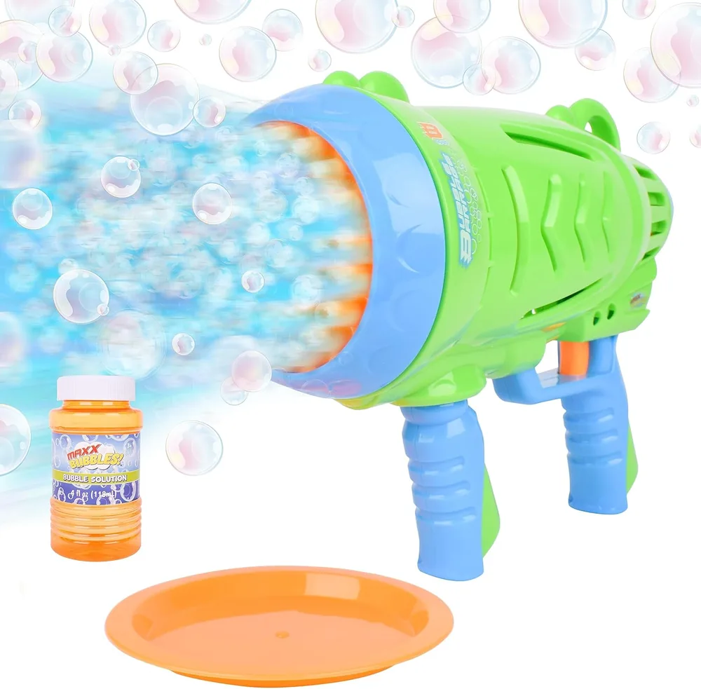 Maxx Bubbles Bubble Barrage gun spraying bubbles with solution bottle and dip tray