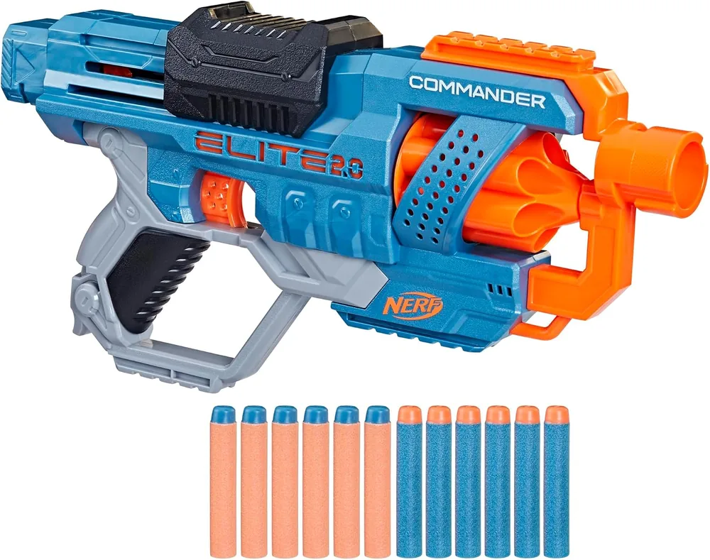 Nerf Elite 2.0 Commander RD-6 in blue and orange with twelve foam darts