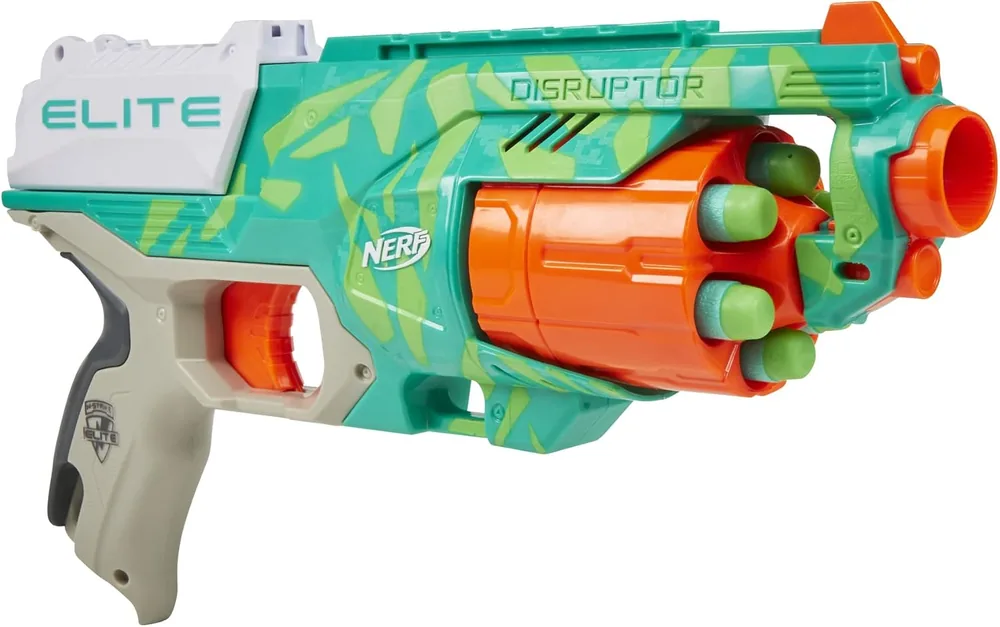 Nerf Elite Disruptor in green camo with orange six-dart rotating drum