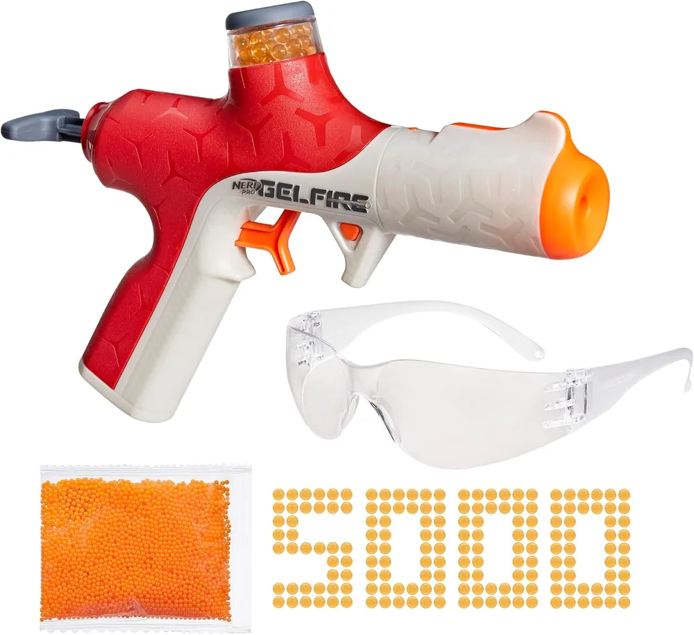 Nerf Pro Gelfire Twist Shot in red and white with eyewear and a 5,000-bead pack