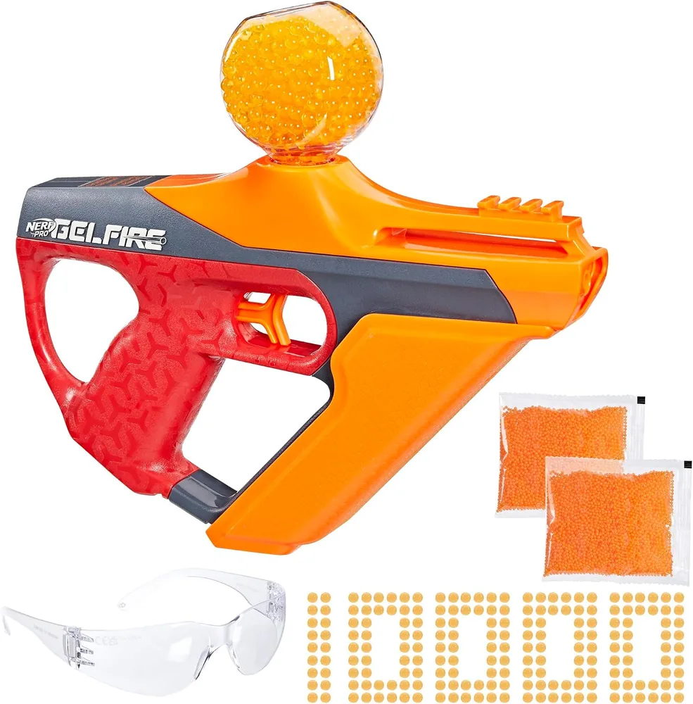 Nerf Pro Gelfire Uproar in orange and red with hopper, two gel bead packs and eyewear