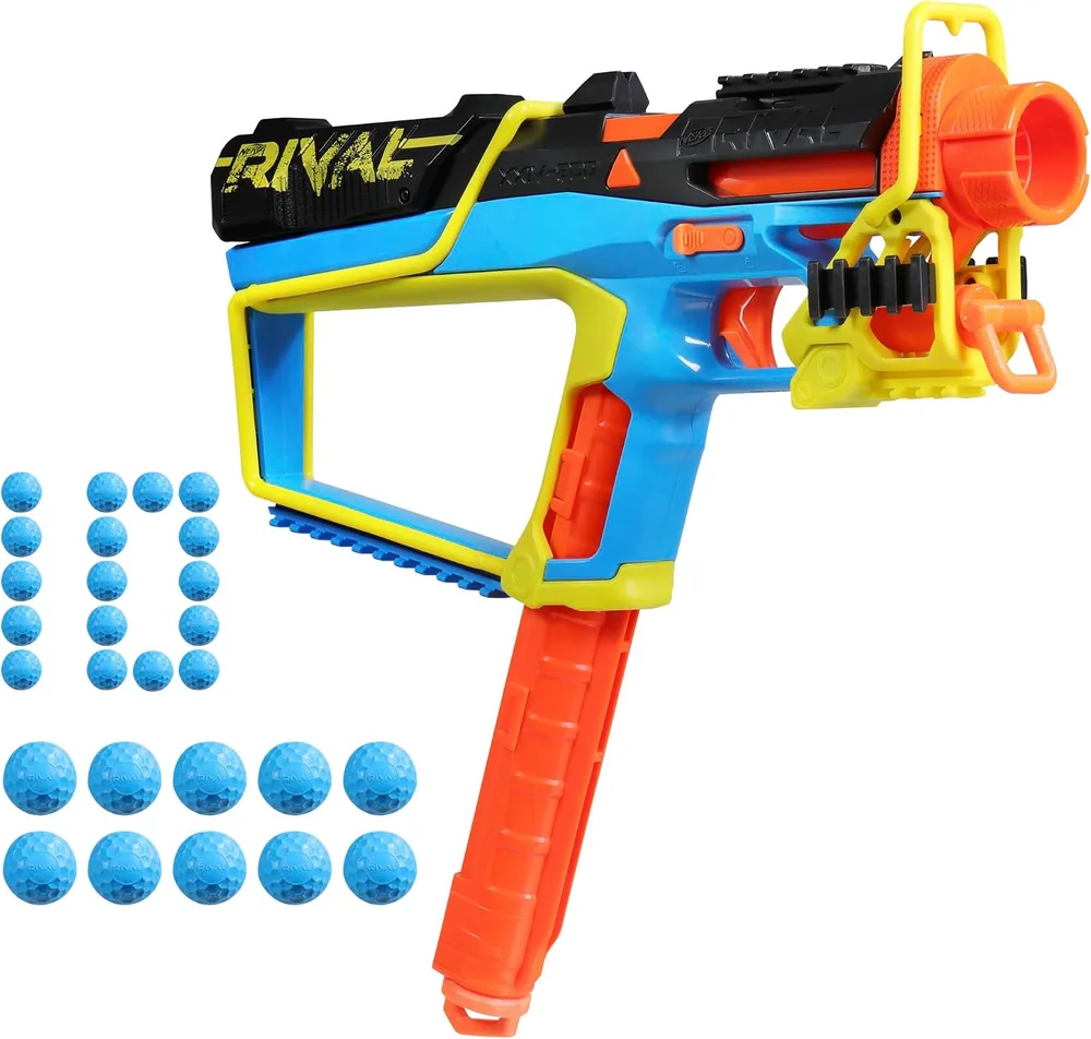 Nerf Rival Mirage XXIV-800 in blue and yellow with orange magazine and blue rounds