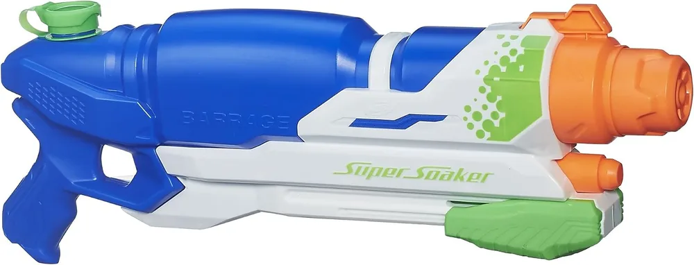 Nerf Super Soaker Barrage in blue, white and green with orange nozzle