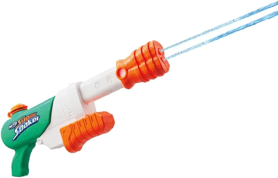 Nerf Super Soaker Hydro Frenzy with white body, green grip and two water tubes spraying