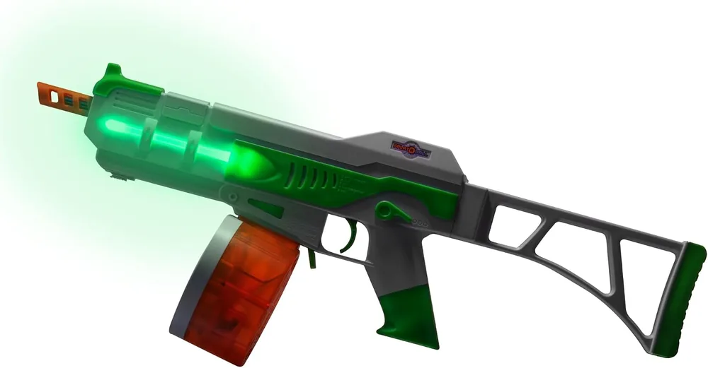 SplatRBall SRB1200 Pyro with glowing green LED bars and orange drum magazine
