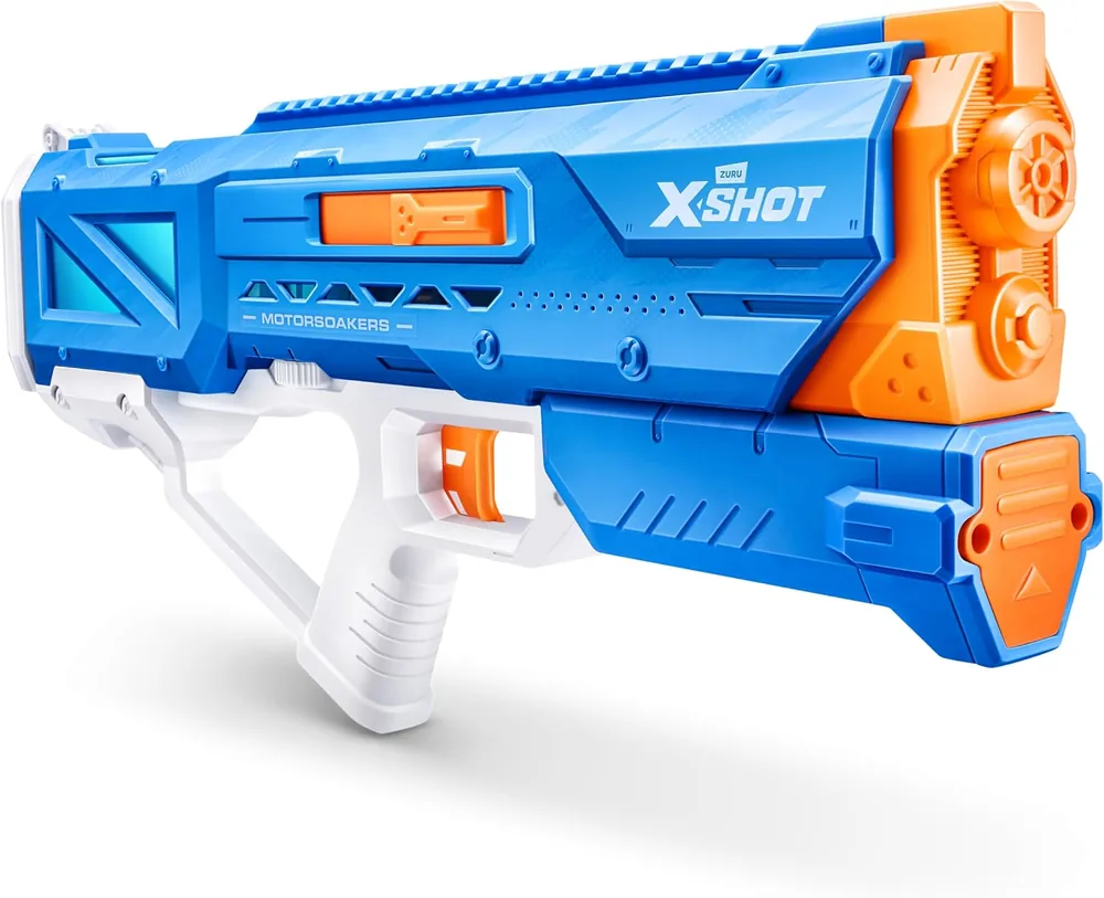 XSHOT Hydra Pulse motorized water blaster in blue and orange with white grip